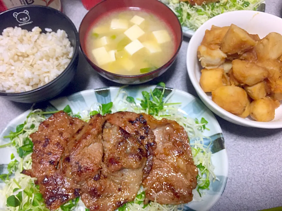 もち麦飯、里芋煮っころがし、豆腐ネギ味噌汁、キャベツ豆苗サラダ、豚生姜焼き|ms903さん