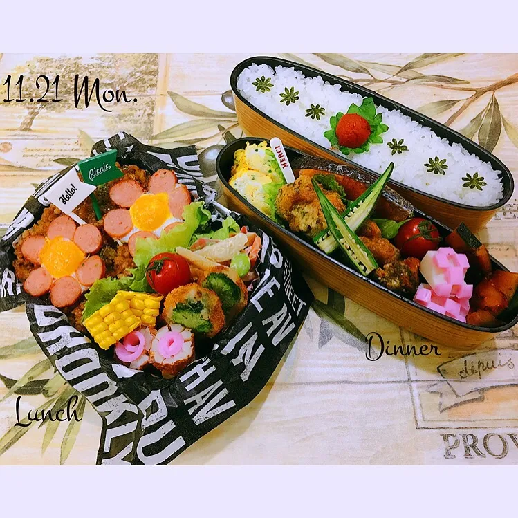 肉味噌丼にお花のせちゃいました弁当と
のり塩からあげ弁当|mikiteeee52さん