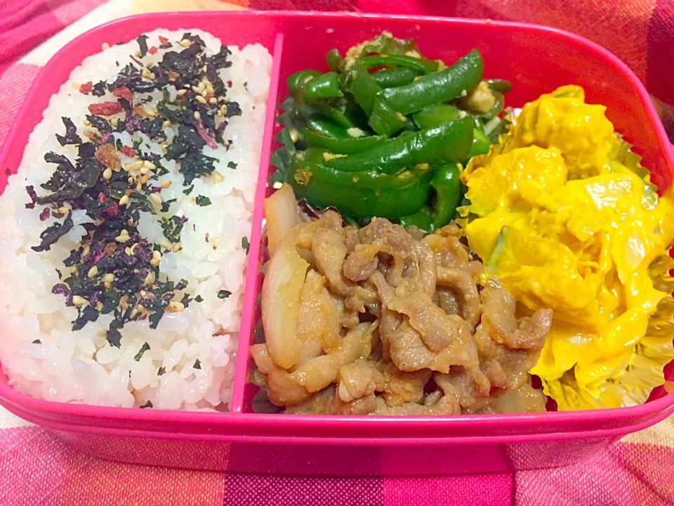 地震で起きてつくったお弁当、かぼちゃサラダ、ピーマンと卵の炒め物、豚と玉ねぎのみそ炒め。みなさまお気を付けて…|kiyamakamoさん