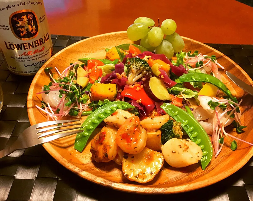 エビとホタテのガーリック炒め☆と根菜ソテー☆鯛のマリネ☆|こすずさん