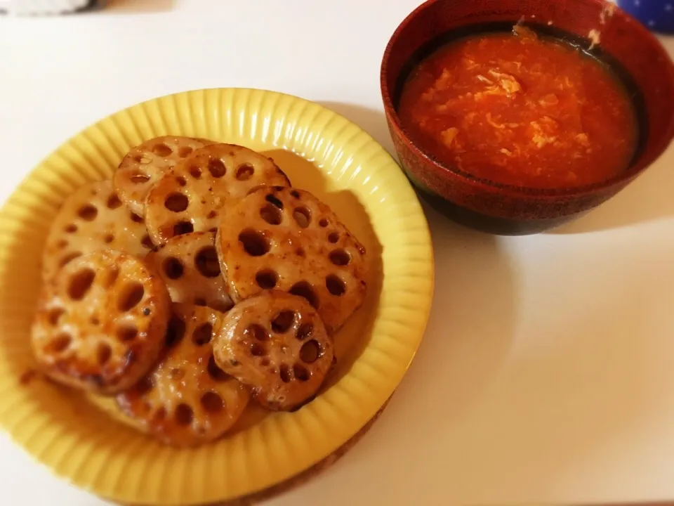 焼きれんこんの甘酢じょうゆがらめ トマトジューススープ|Monetさん