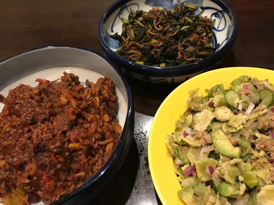 ・チリコンカン
・蕪葉とじゃこのきんぴら
・青打豆とアボカドのサラダ|銀座 小料理 龍さん