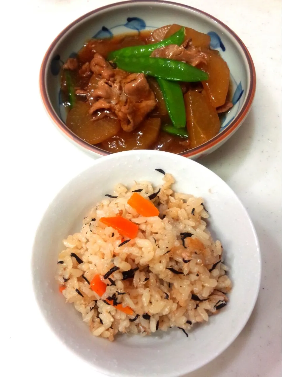 ひじきとツナの炊き込みご飯　豚肉と大根の甘辛煮|chou  chouさん