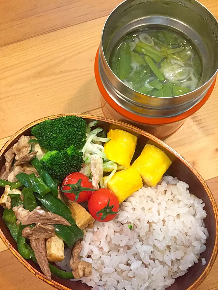 Snapdishの料理写真:パパたろ弁当

牛肉と厚揚げピーマンの青椒肉絲風
サラダ
卵焼き
ブロッコリー
ミニトマト

豆腐とねぎと春菊のお味噌汁|ひななぎさん