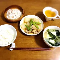 Snapdishの料理写真:●鶏肉と大根とインゲンの煮付け ●大根とツナマヨサラダ ●豆腐と玉ねぎのお味噌汁|なつきちさん