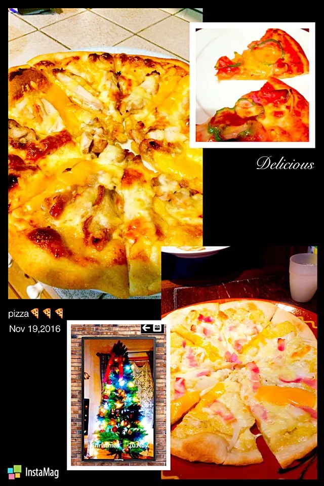 🎄を飾った後のpizza🍕🍕🍕3種(๑•̀ㅂ•́)و✧ 照り焼きチキン、ポテト&ベーコン、トマトソースのベーコン&ウィンナー🍕🍕|カンカンさん