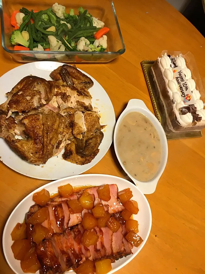 roasted chicken sweet ham steam veggies and gravy|bowssyさん