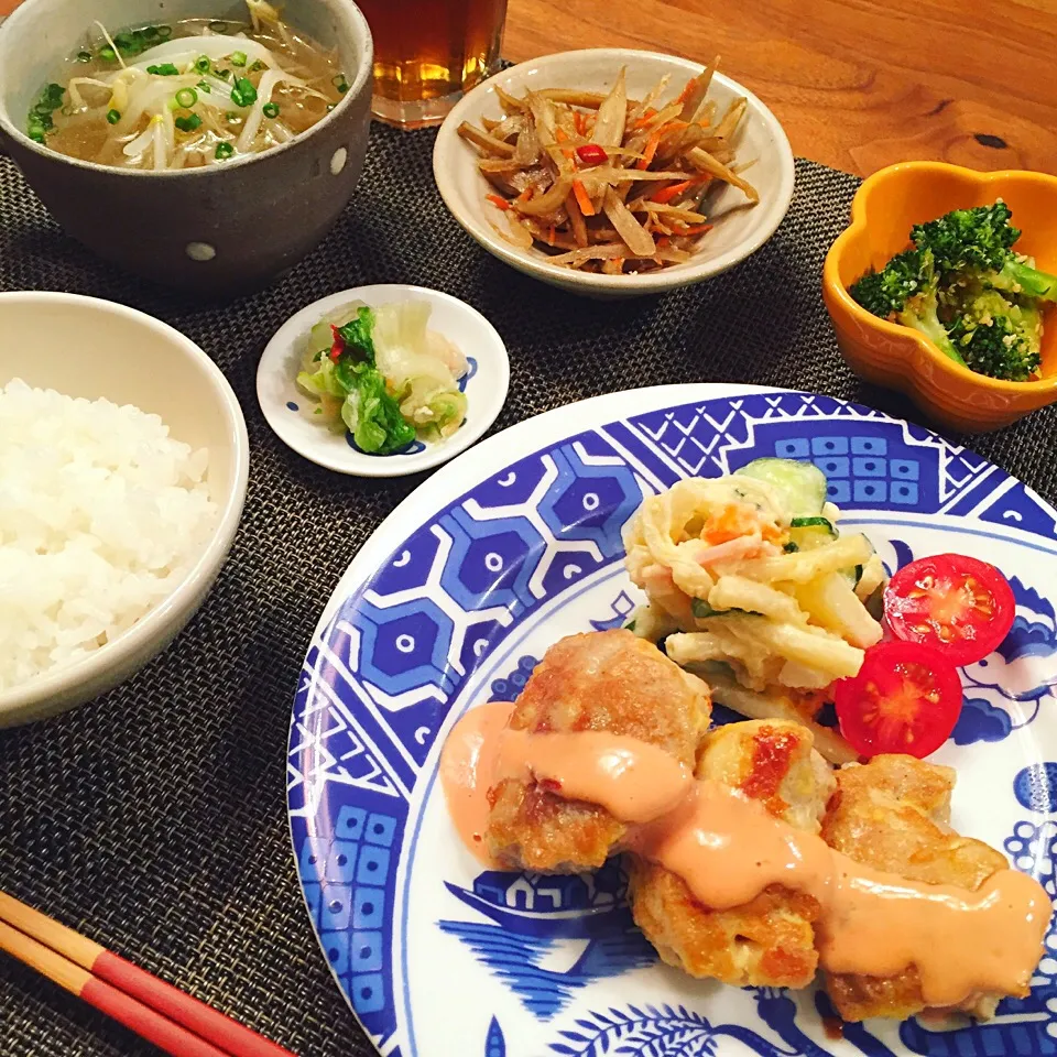 鶏肉のピカタ ポテトリンゴサラダ  ブロッコリ胡麻和え|わるみさん