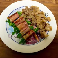 Snapdishの料理写真:豚こまの生姜焼き風とピーマンベーコン|四星球さん