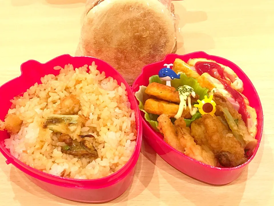 明日のお弁当！マフィン＆かき揚げ丼！
食べきれるかなぁ？（笑）|カズキ君の料理🍳😋💕たまに私🤓さん