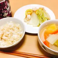 Snapdishの料理写真:夕食
•ポトフの残り
•白菜と鶏肉の蒸し焼き
•玄米|はるなさん