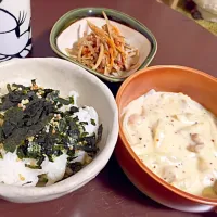 納豆ふりかけごはん、きんぴらサラダ、鶏のクリーム煮|ちえさん