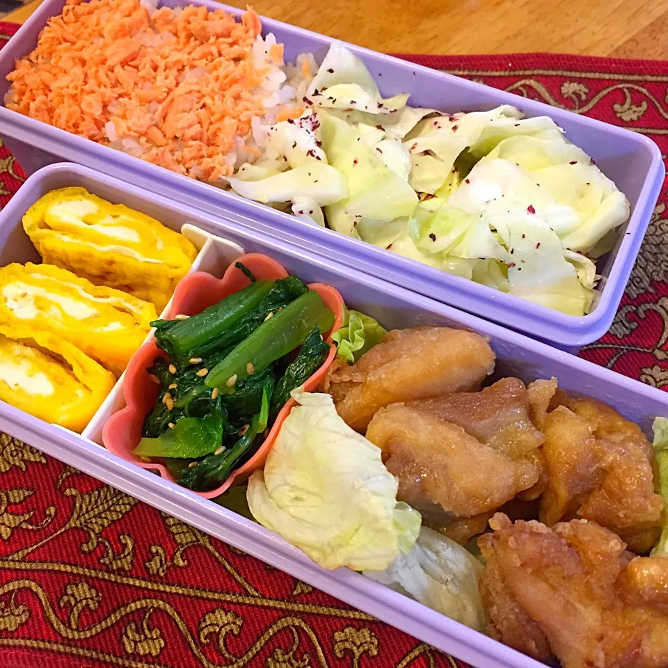 鶏の唐揚げと鮭のほぐし身弁当|もえさん