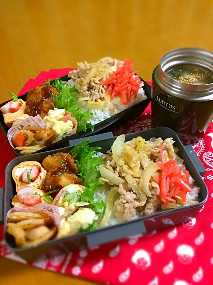 旦那ちゃん、息子君弁当🎶
豚の生姜焼き丼
ホタテフライ
ポテサラハム包み
レンコンきんぴら
卵巻きポケット|BooBooさん