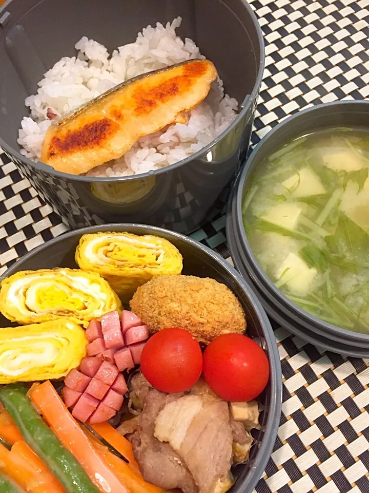 パパたろ弁当

塩鮭乗っけごはん
豚肉の生姜焼き
かぼちゃのコロッケ
ソーセージ
卵焼き
いんげんと人参の胡麻和え
ミニトマト

お味噌汁|ひななぎさん