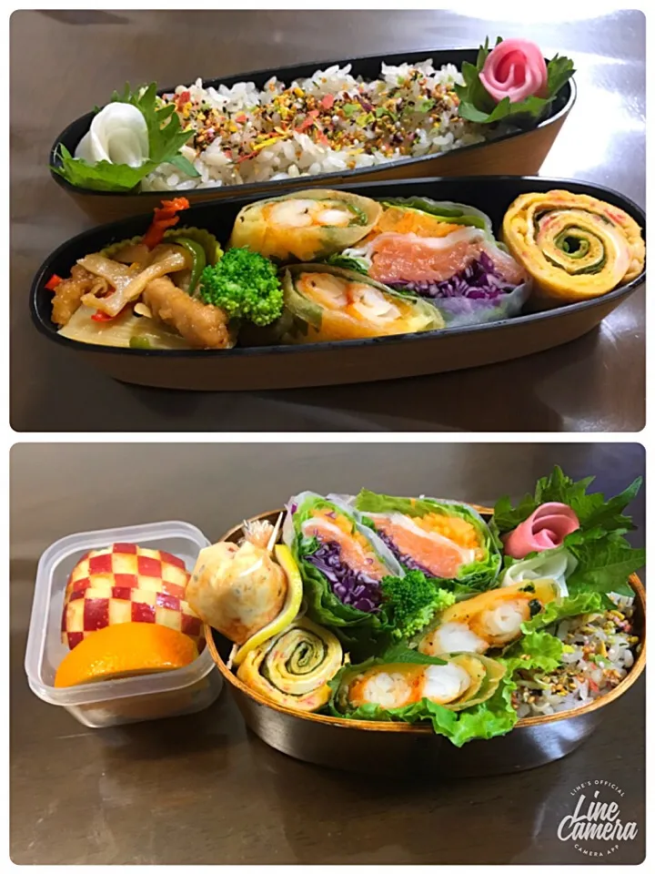 今日の2人のお弁当🍱 春巻き2種
わんぱくサンドみたいな野菜たっぷり生春巻き&海老大葉チーズ春巻き(*´∀｀*)|とんちんさん