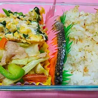 Snapdishの料理写真:野菜チャンプルー／とり挽き肉とほうれん草入り卵焼き／焼き鮭／おかかごはん|りょーぽんさん