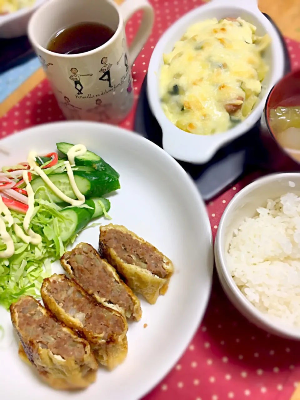 味噌ひき肉の油揚げ包み・ほうれん草とポテトのグラタン|ゆきさん