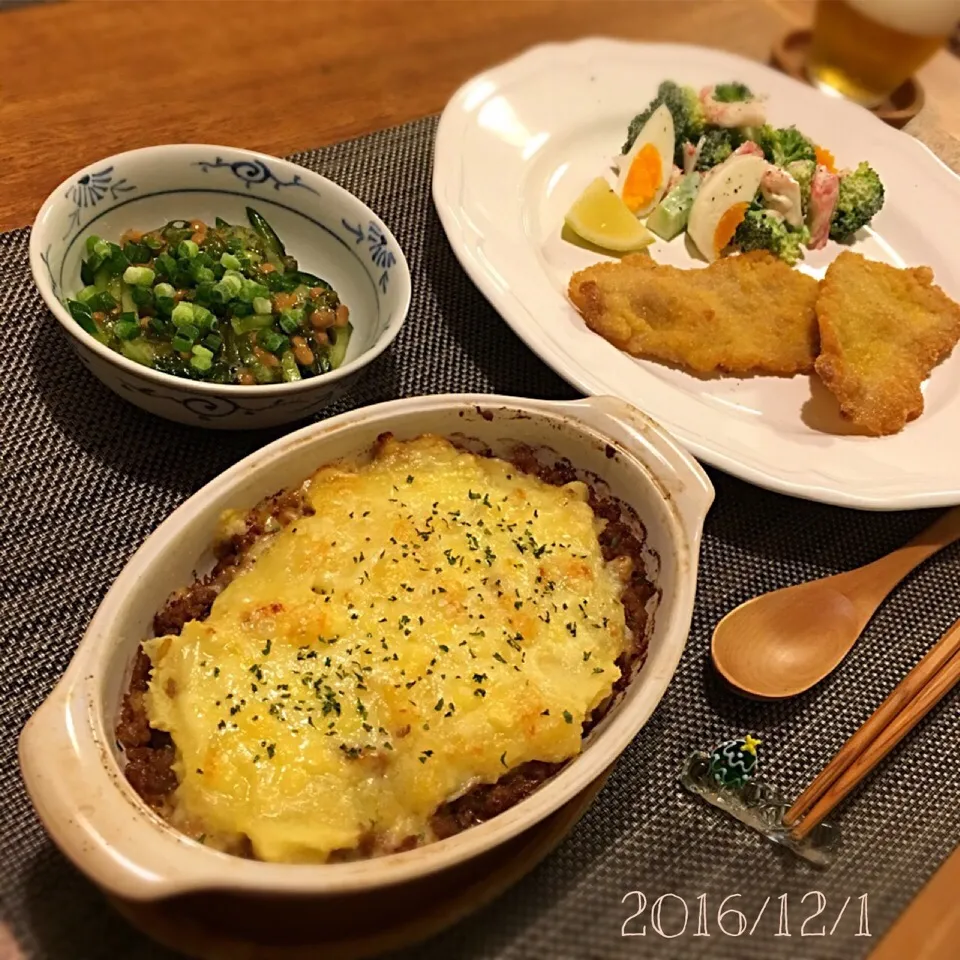 ミラノ風カツレツ
かにかまとブロッコリー、ゆで卵のサラダ
ひき肉とマッシュポテトのチーズ焼き
めかぶ納豆|𓇼 Ⓢ Ⓗ Ⓘ Ⓝ Ⓞ Ⓑ Ⓤ 𓇼さん