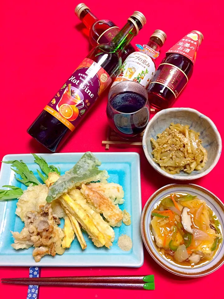 晩ごはんは極楽飯🙏💖💖養命酒さんのホットワインと和食が合うわ〜〜👍💖( ◠‿◠ )精進揚げとヤーコンのきんぴら&揚げ出し豆腐の生姜あんかけ😊旨旨😍😍😍|はみちゃんさん