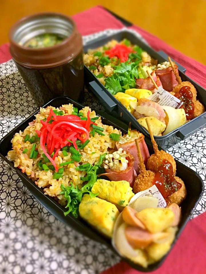 旦那ちゃん、息子君弁当🎶
タラコ炒飯
ネギ入卵巻き
ネギえのきベーコン
ジャーマンポテト
うずらフライ|BooBooさん