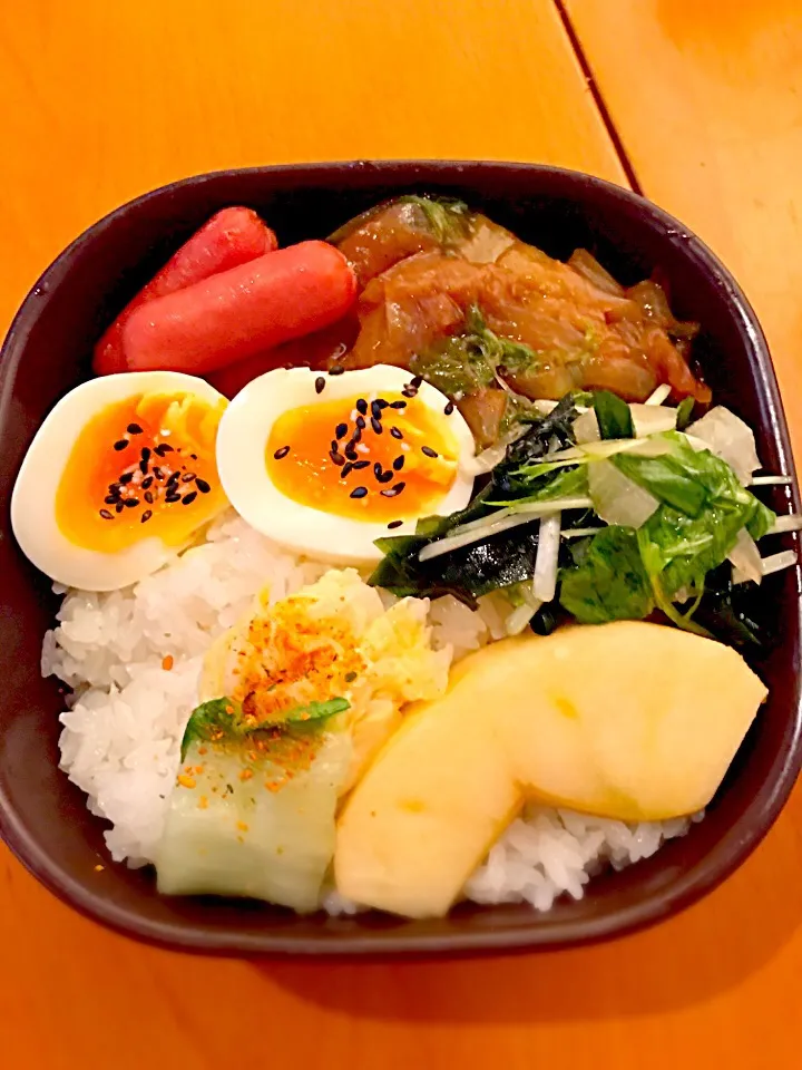 パパお弁当🍱  白菜と玉ねぎのあんかけ炒め  ワカメと水菜の胡麻サラダ  焼きウインナー  半熟卵  白菜の漬物  林檎🍎|ch＊K*∀o(^^*)♪さん