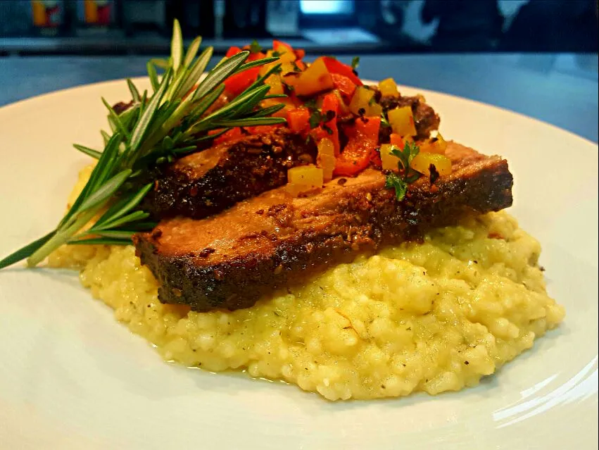 Smoked Brisket served over Asiago and Asparagus Risotto topped with a Roasted Pepper Relish...|chef Charlesさん