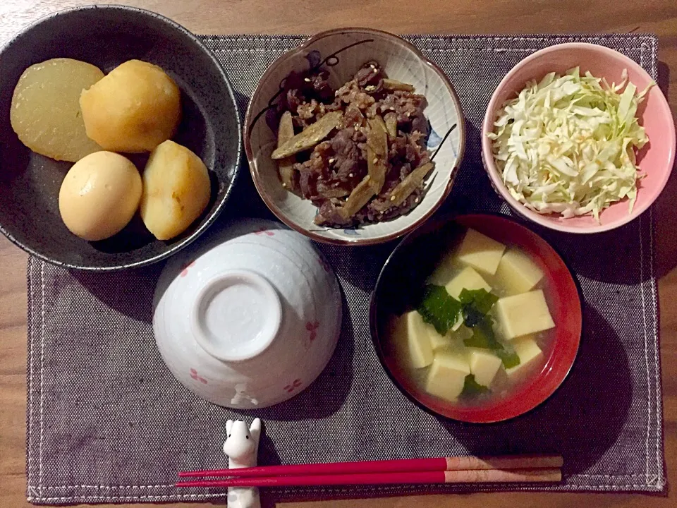 おでん、牛肉ごぼう、キャベツサラダ、|せさん