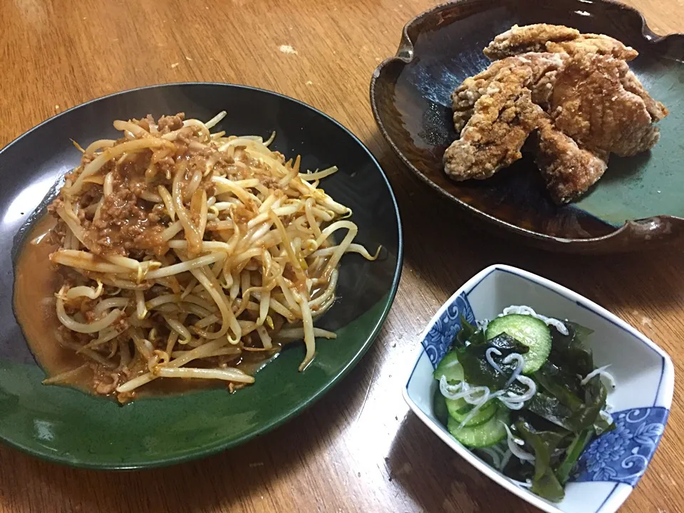 12月3日お夕飯 もやしのネギ味噌挽肉炒め、鯖の竜田揚げ|さんだーさん