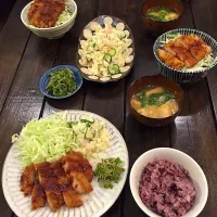 ソースカツ(丼)  ポテトサラダ  じゃこピーマン  ほうれん草と油揚げのみそ汁|t_y_kitchenさん