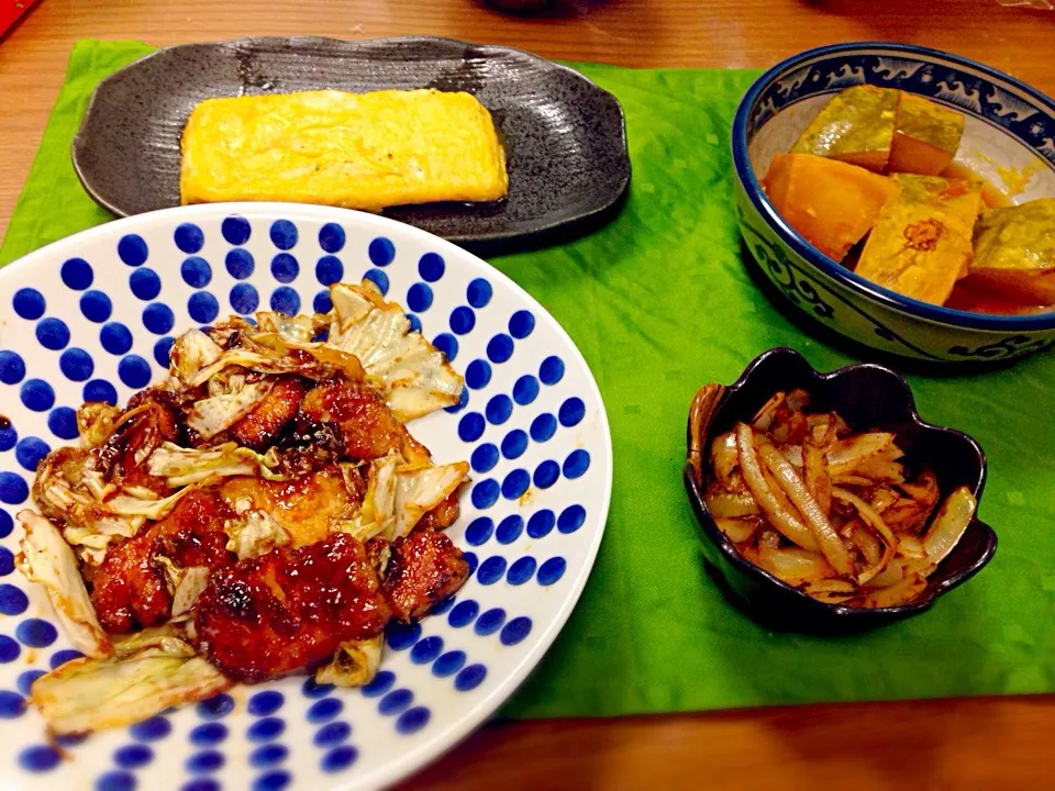 鶏むね肉のオイスターソース炒め かぼちゃの煮物 タンドリーチキン風炒め だし巻きたまご|1614さん