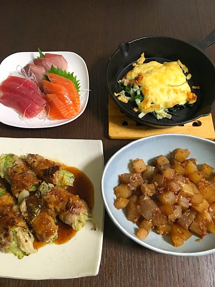 11月5日夕飯 レタスの肉巻き 大根とこんにゃくの煮物 ほうれん草のマヨチーズ焼き お刺身|やすこさん