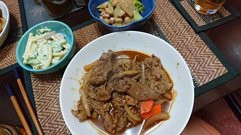 牛焼き肉&マカロニサラダ&豆サラダ|まぐろさん