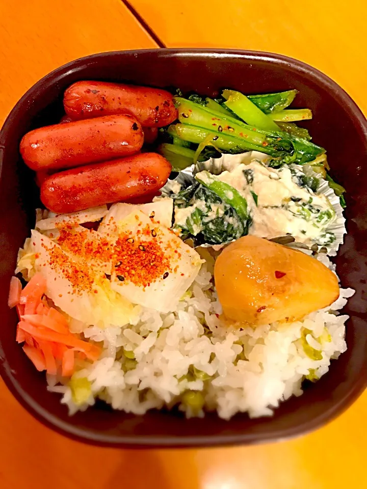 パパお弁当🍱  里芋の煮っ転がし  春菊とワカメの白和え  小松菜の炒めもの 焼きウインナー 白菜の漬物  紅生姜  豆ごはん|ch＊K*∀o(^^*)♪さん