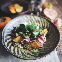 Snapdishの料理写真:Roasted persimmon, prosciutto, gorgonzola,pomegranate salad,pine nuts and balsamic