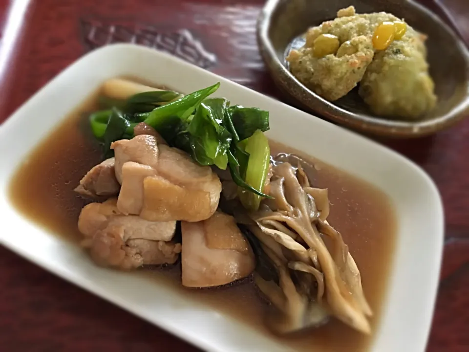 鶏肉と九条葱のスキヤキ風。 銀杏と青のり豆腐もち。|こぼるさん