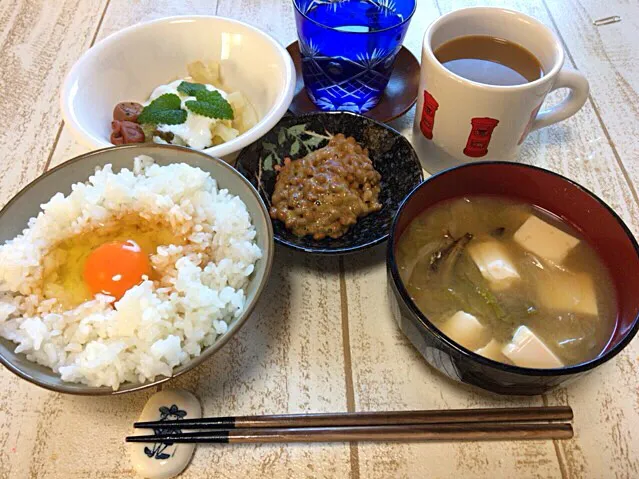 Snapdishの料理写真:今日の男飯(＞人＜;)朝ごはんバージョン♬
たまごかけごはんandレタスと豆腐の味噌汁and納豆andピクルスwithヨーグルト♬|ひーちゃんさん