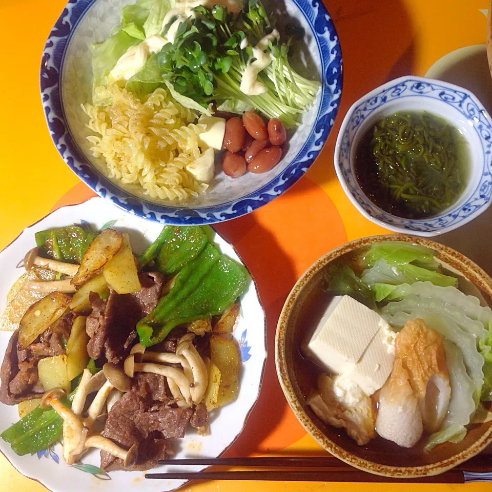 牛肉の炒め物
湯豆腐、サラダ、めかぶ|shozuuさん