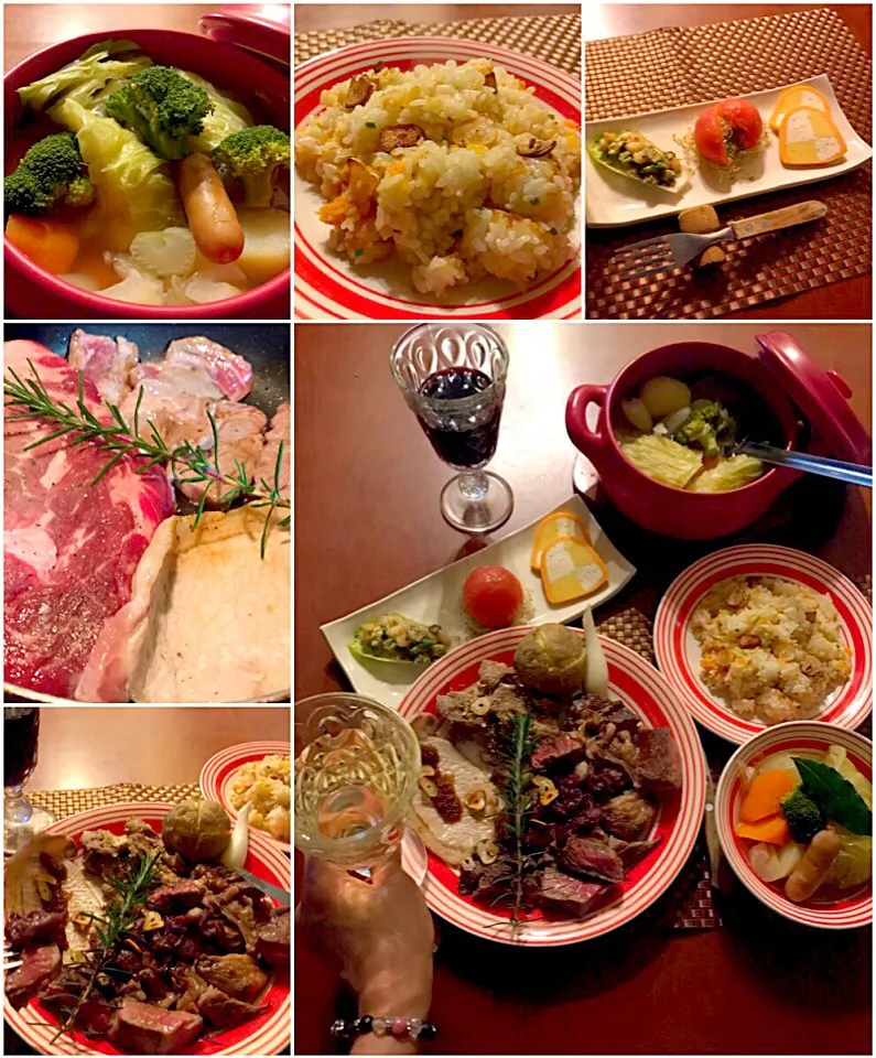 Today's French Dinner🍴ｵｰﾄﾞﾌﾞﾙ･ﾎﾟﾄﾌ･ｶﾞｰﾘｯｸﾋﾟﾗﾌ･3種のお肉deｽﾃｰｷ|🌈Ami🍻さん