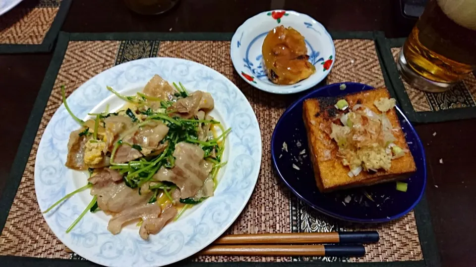 豆苗と豚炒め&厚揚げ&焼き鳥ジュレ|まぐろさん