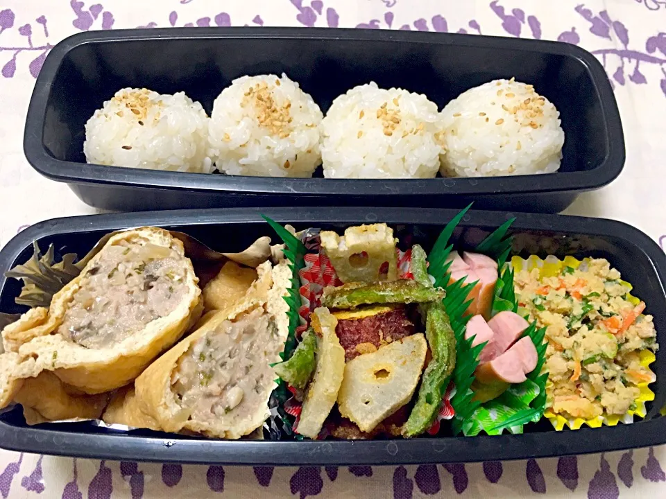 息子のお弁当 豚挽肉のお揚げ巾着、蓮根、さつまいも、モロッコインゲンの天ぷら、おから、ウィンナー|keitakumamaさん