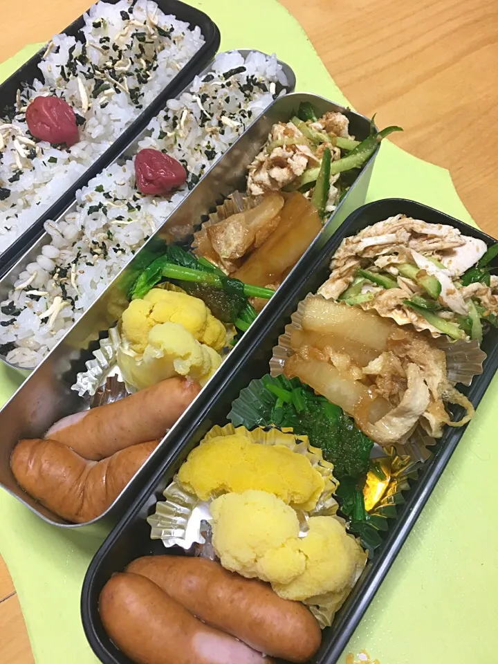 ささみときゅうりの胡麻和え ほうれん草おひたし カブ煮物 カリフラワー ソーセージ弁当。ごはんは麦入り。|Kumiko Kimuraさん