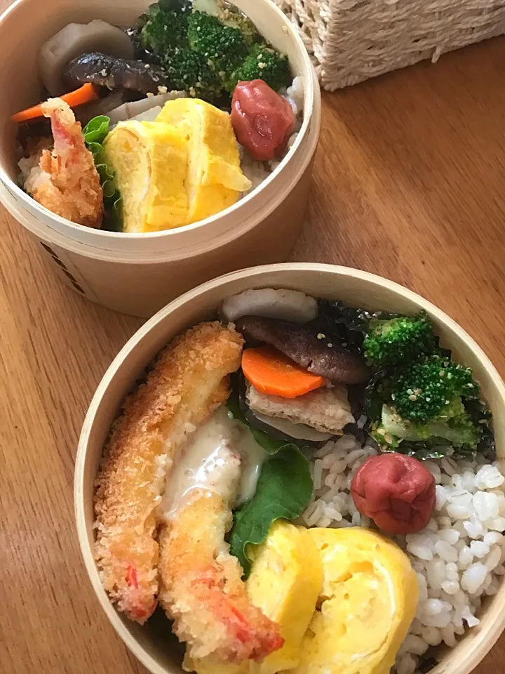 今日の夫婦弁当🍱
エビフライ、野菜の重ね煮、
ブロッコリーの胡麻和え、玉子焼き、
ゴハンはもち麦3:白米1|5ネコママさん