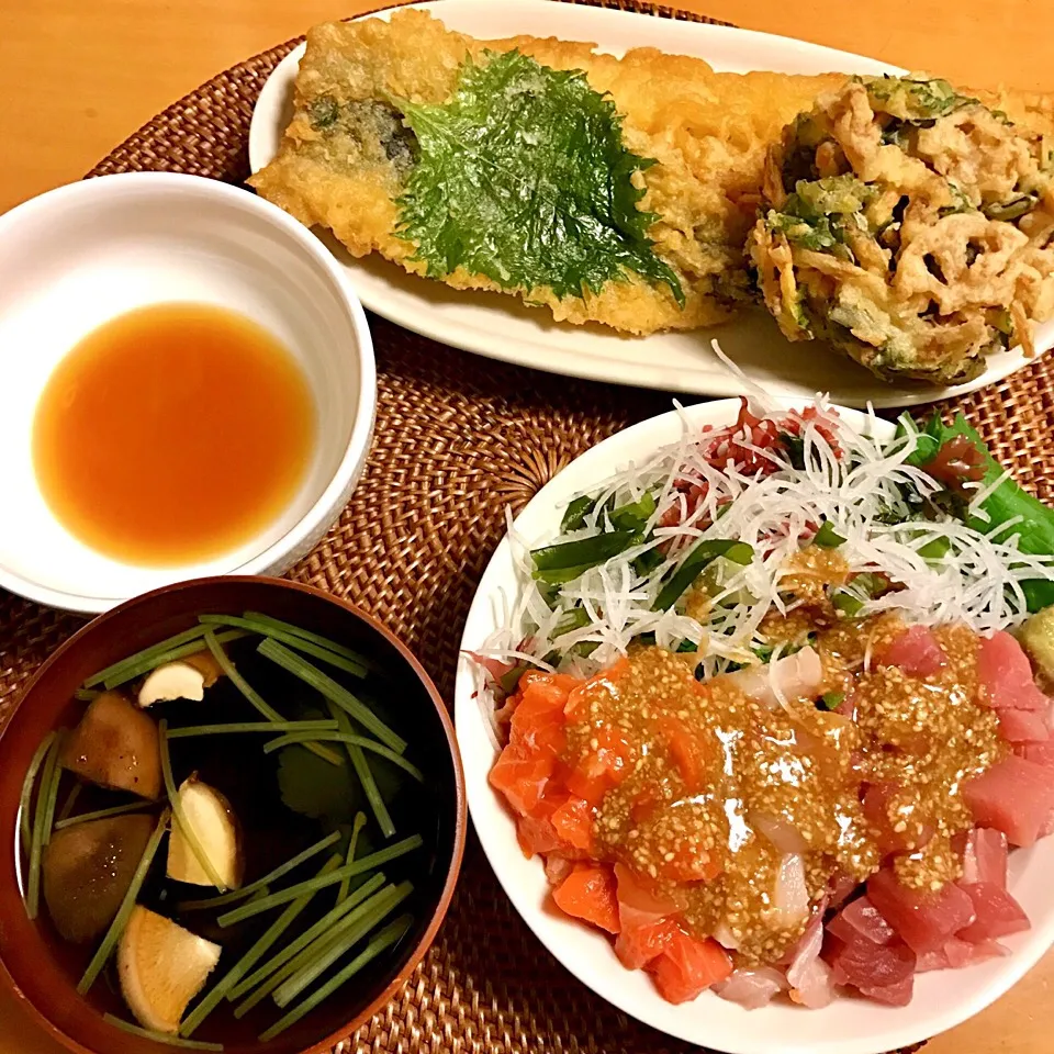 海鮮丼&魚介の天ぷら、レンコンのかき揚げ|chacoさん