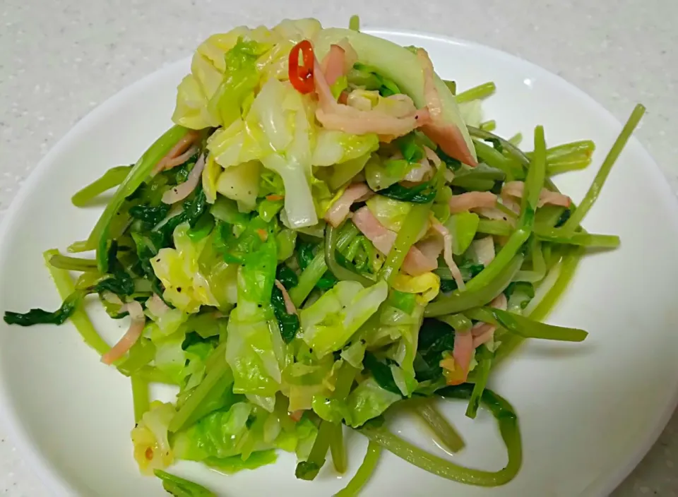 空豆豆苗とキャベツのペペチ風|りんごさん