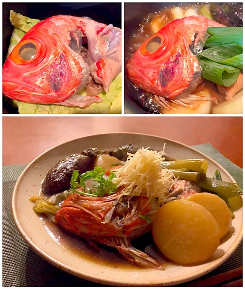 Snapdishの料理写真:Simmered Splendid alfonsino&radish🐟金目鯛のお頭と大根の煮付け|🌈Ami🍻さん