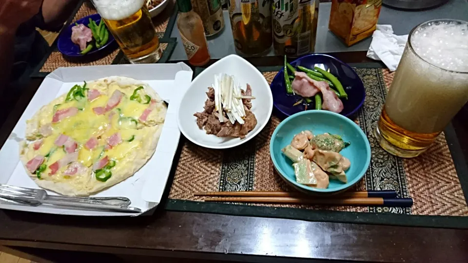 Snapdishの料理写真:いんげんとベーコン&ブロッコリーと海老&煮豚肉|まぐろさん