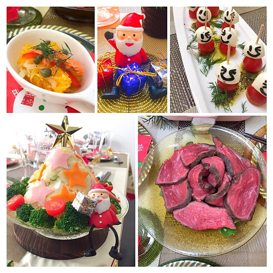 クリスマス会🎄
ポテトサラダのツリー
ローストビーフ
スモークサーモンとオレンジのマリネ
トマトとモッツァレラで雪だるま風。笑|YummyKさん