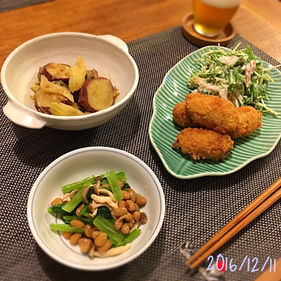 カキフライ
ちくわと水菜と豆苗、豆腐のサラダ
さつまいもとセロリの煮もの
小松菜しめじ納豆|𓇼 Ⓢ Ⓗ Ⓘ Ⓝ Ⓞ Ⓑ Ⓤ 𓇼さん