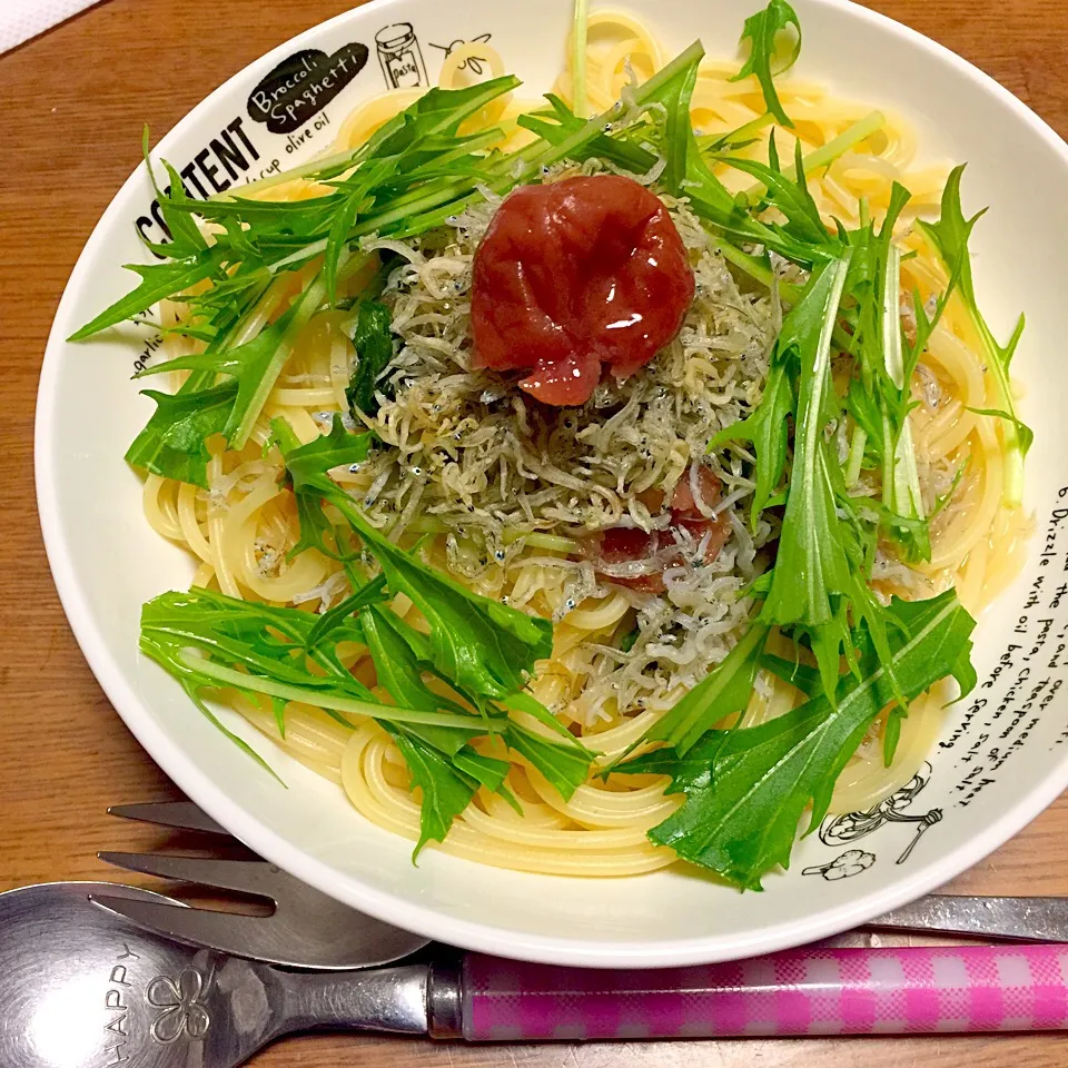 ちりめんじゃこと梅干しと水菜のパスタ|もこうさぎさん